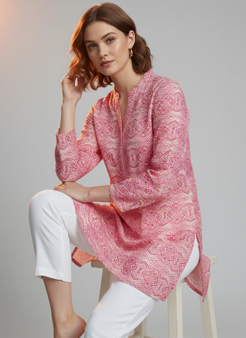 Cream And Pink Printed Muslin Casual Short Kurti