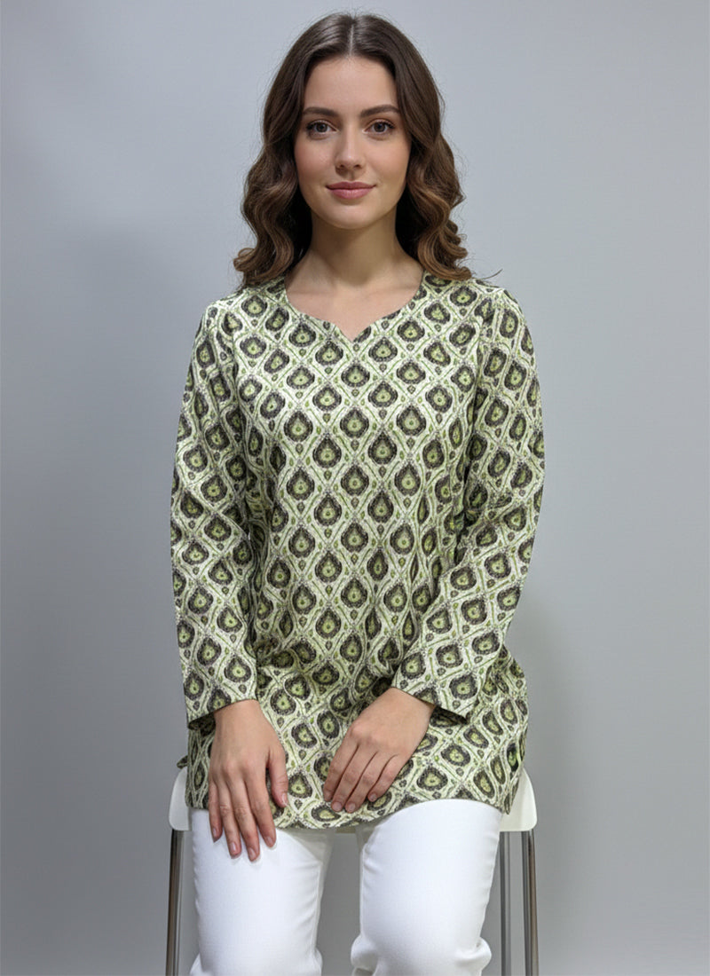 Pista Green Digital Printed Muslin Casual Short Kurti
