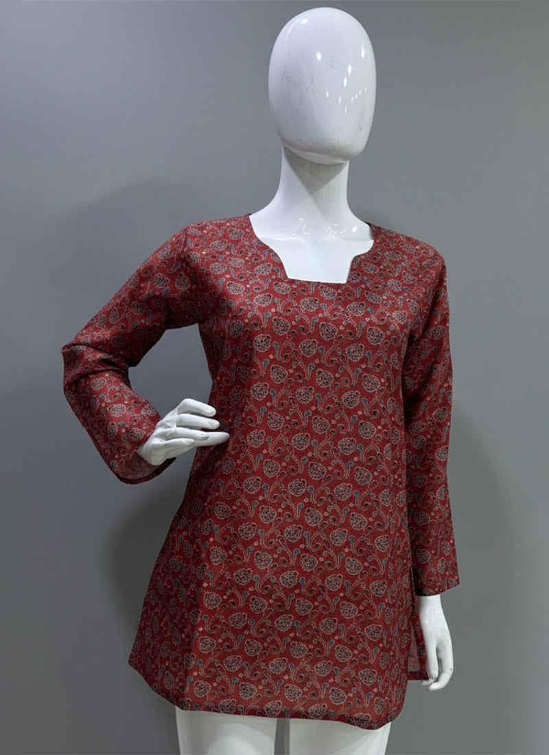Maroon Digital Printed Muslin Casual Short Kurti