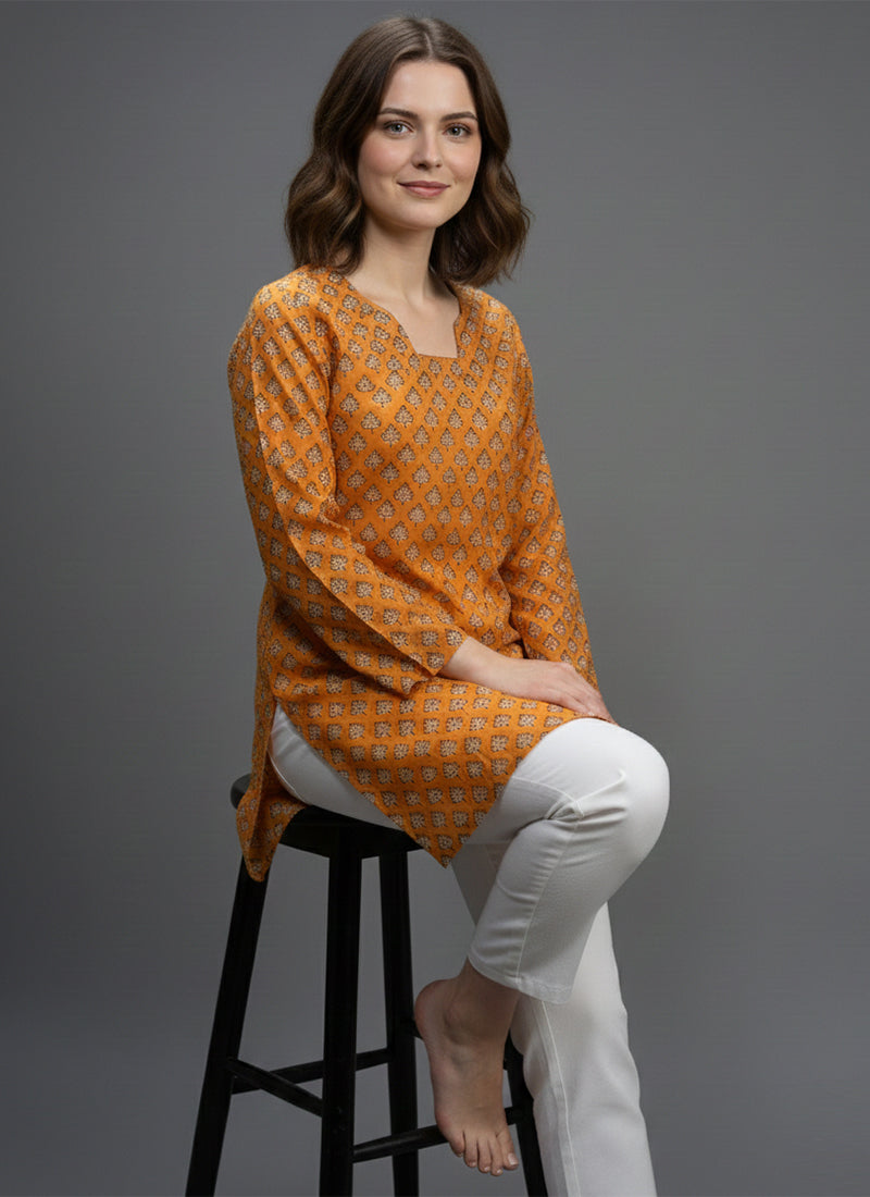 Mustard Yellow Digital Printed Muslin Casual Short Kurti