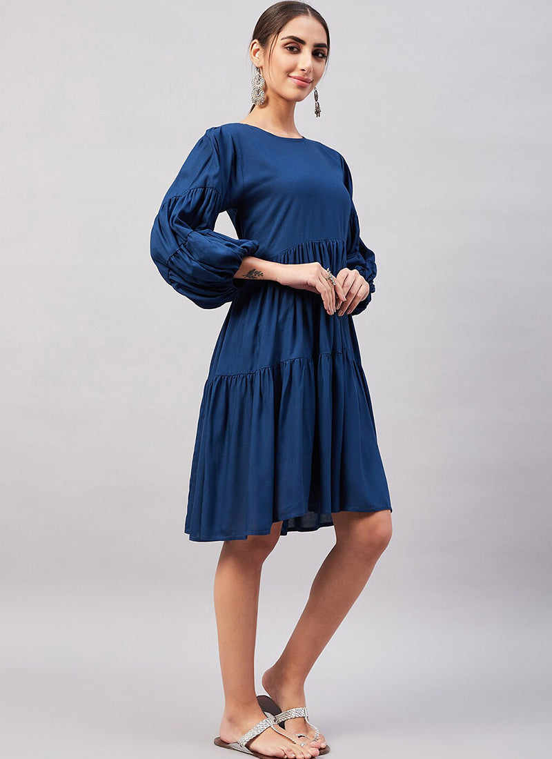 Blue Rayon Solid Midi Dress