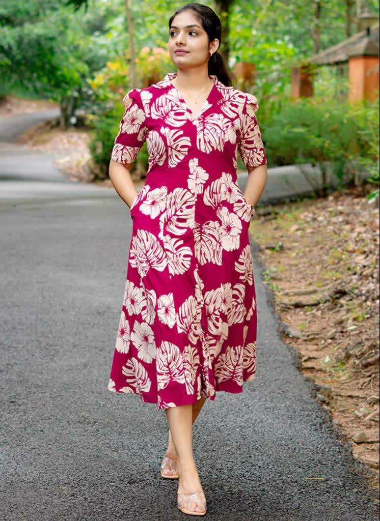 Red rayon printed midi dress