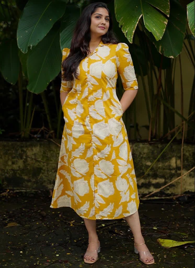 Yellow floral printed midi dress