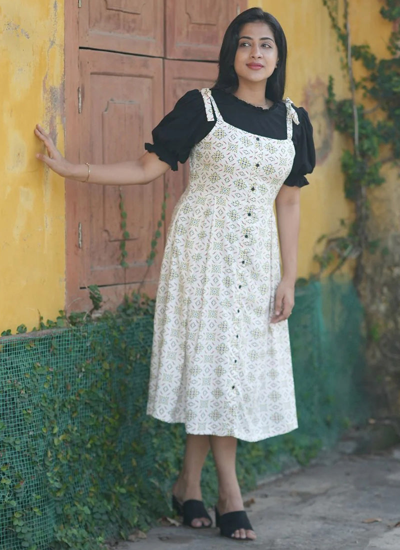 Cream Printed Two Piece Rayon Dungaree set