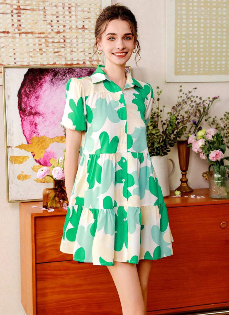 Green And Cream Cotton Printed One Piece Mini Dress