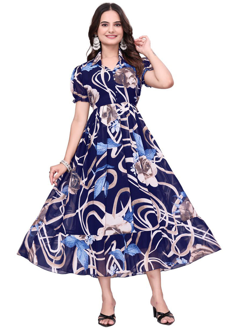 Blue Geometric Printed Georgette Fit & Flare Midi Dress