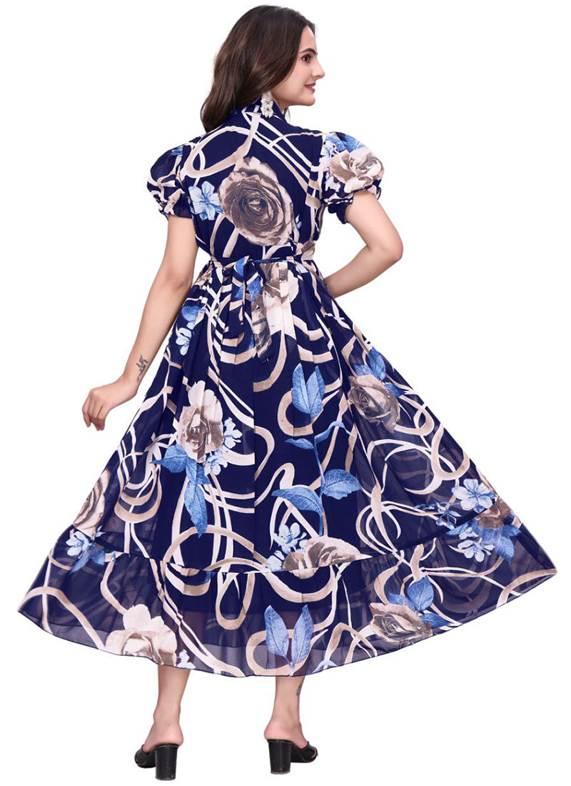 Blue Geometric Printed Georgette Fit & Flare Midi Dress