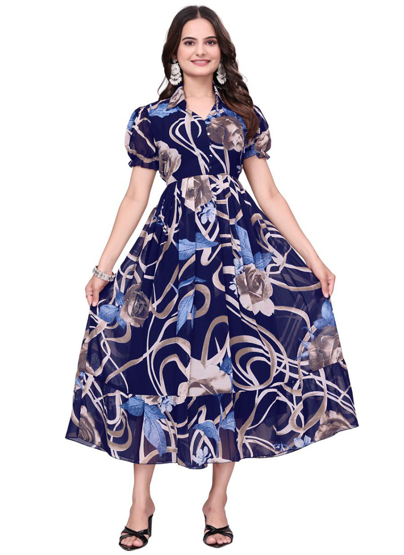 Blue Geometric Printed Georgette Fit & Flare Midi Dress