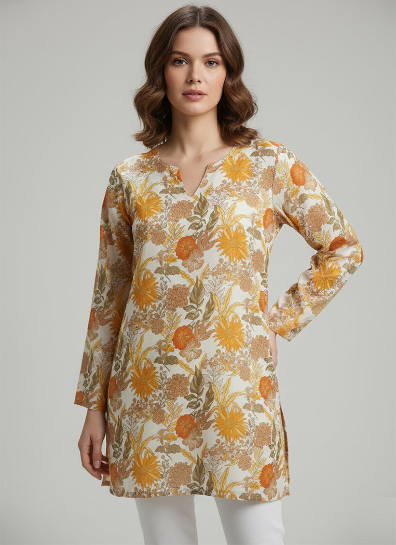 White Flower Printed Muslin Casual Short Kurti