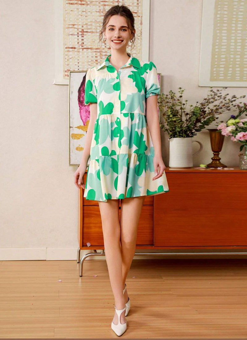 Green And Cream Cotton Printed One Piece Mini Dress