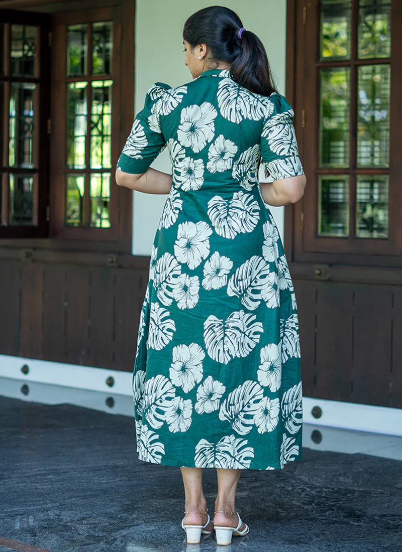 Leaf Printed Rayon Midi Dress