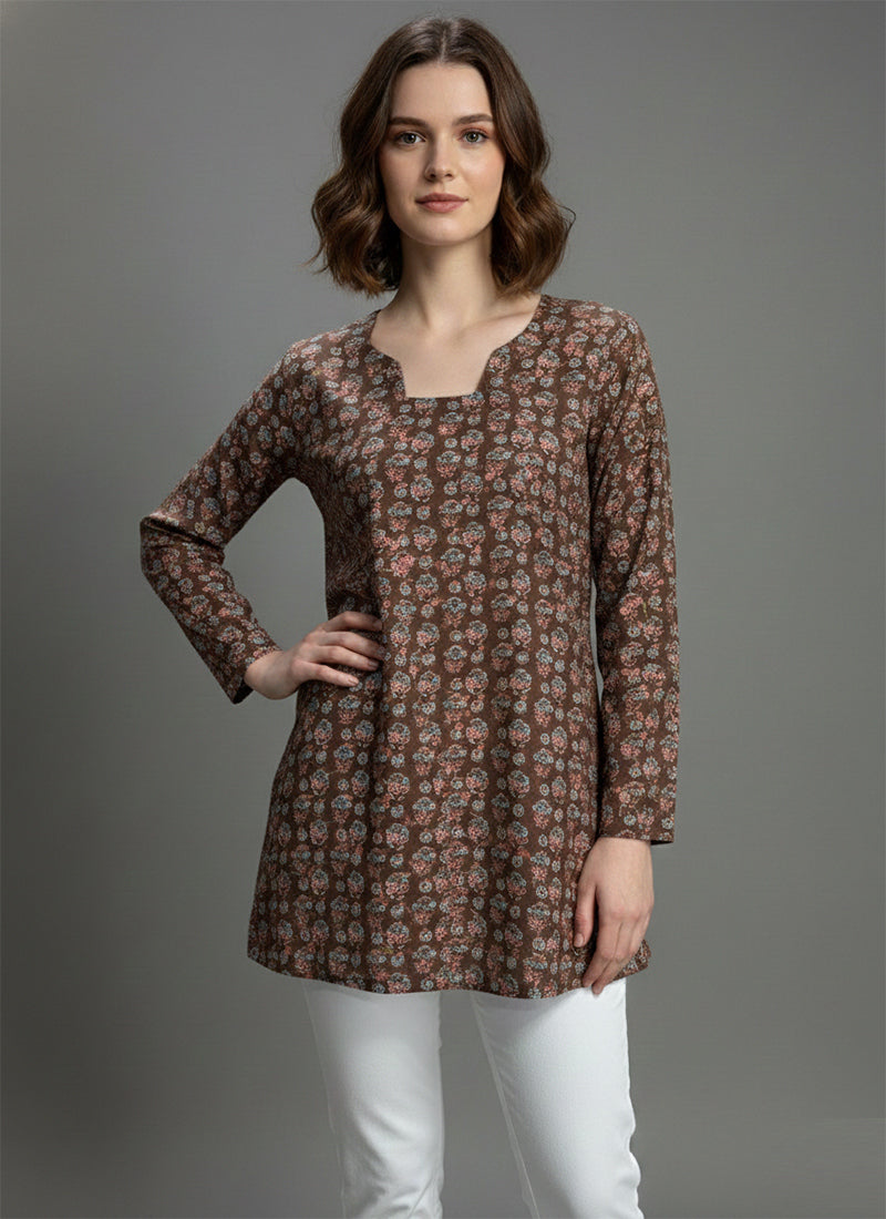 Brown Digital Printed Muslin Casual Short Kurti