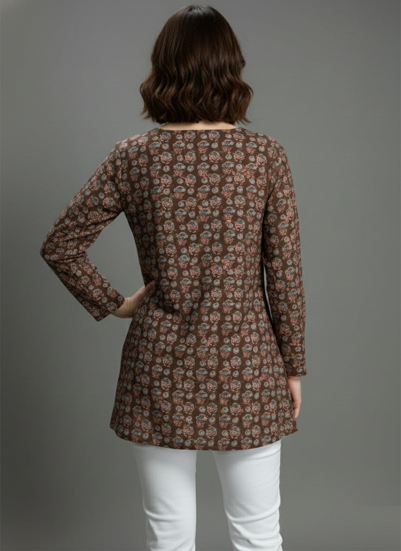 Brown Digital Printed Muslin Casual Short Kurti