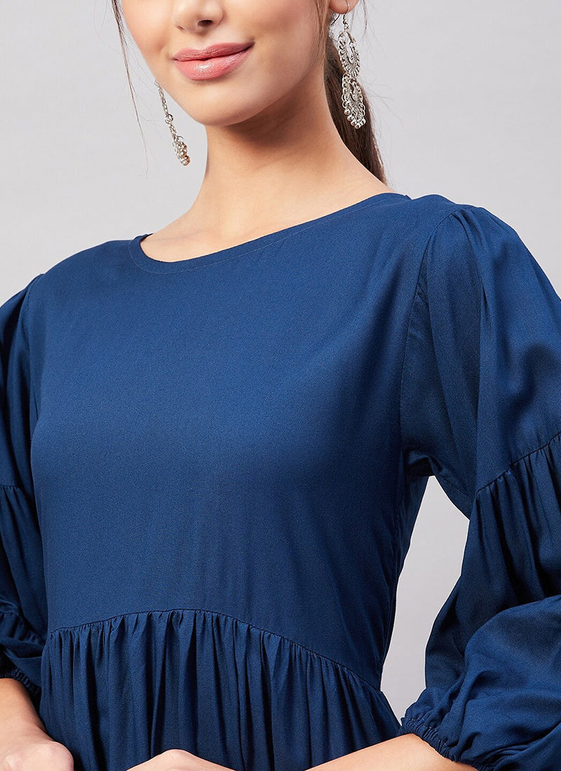 Blue Rayon Solid Midi Dress