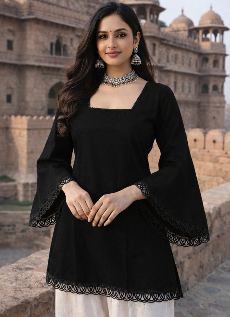 Black Square Neck Roman Silk Kurti