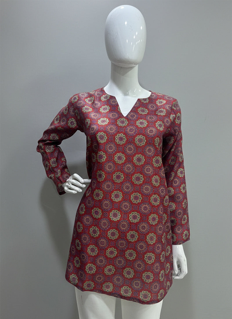 Deep Maroon Digital Printed Muslin Casual Short Kurti
