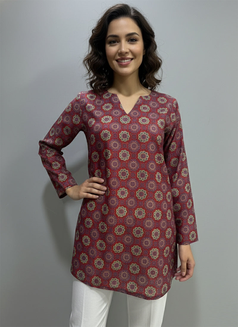 Deep Maroon Digital Printed Muslin Casual Short Kurti