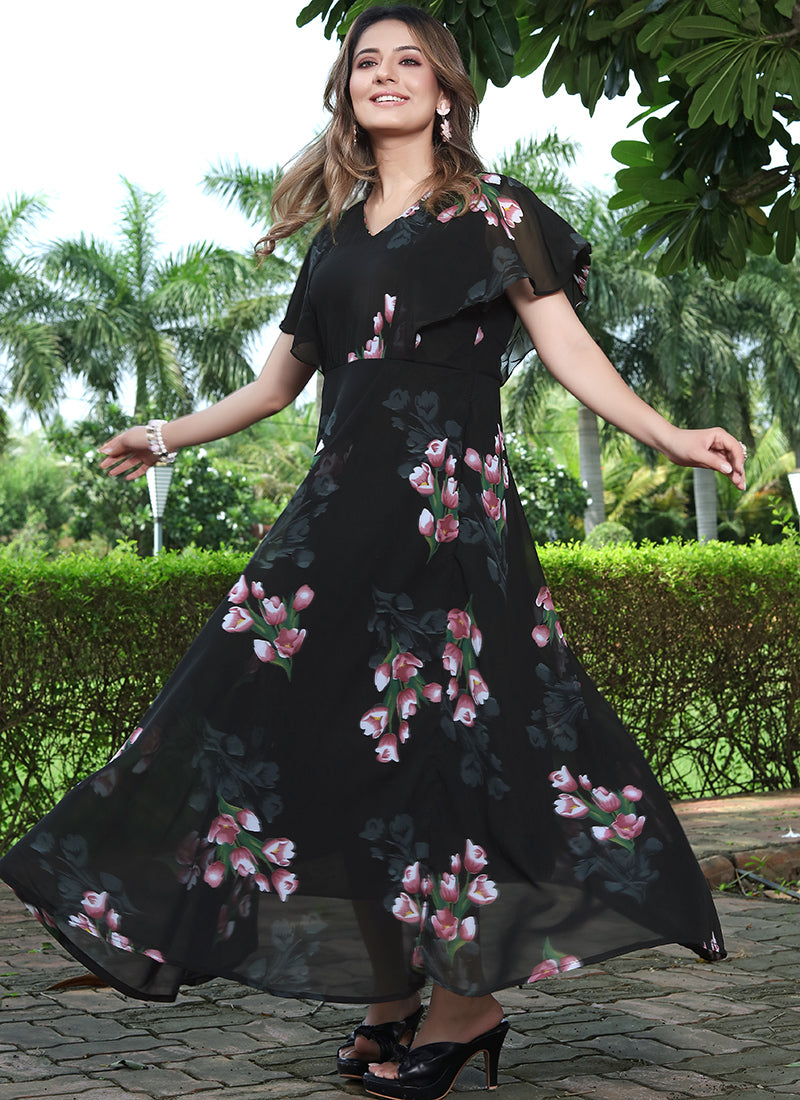 Entrancing Black Color Umbrella Flair Digital Print Maxi Dress