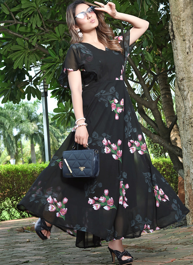 Entrancing Black Color Umbrella Flair Digital Print Maxi Dress