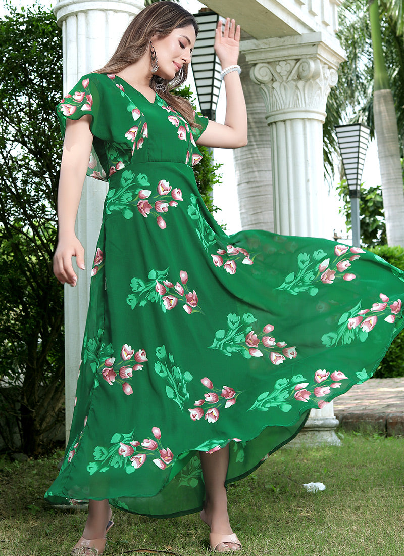 Delightsome Green Color Umbrella Flair Digital Print Maxi Dress