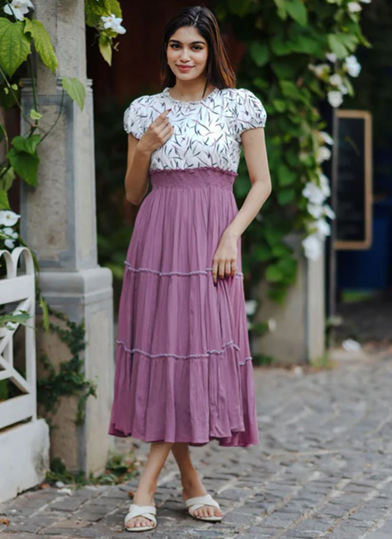 Mauve And White Rayon Printed Outwear Midi Dress