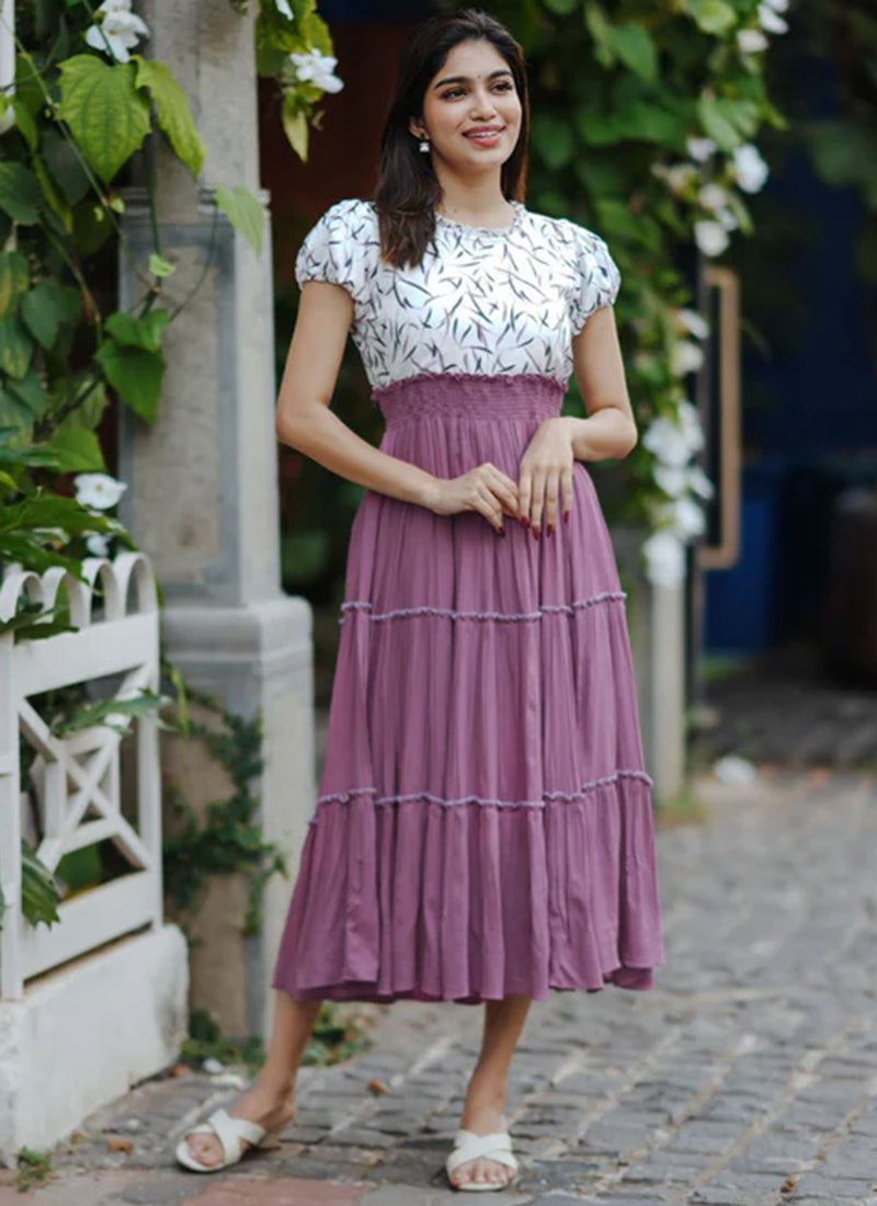 Mauve And White Rayon Printed Outwear Midi Dress