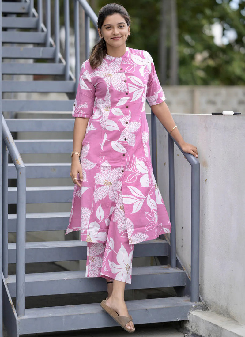 Pink floral printed rayon cord set