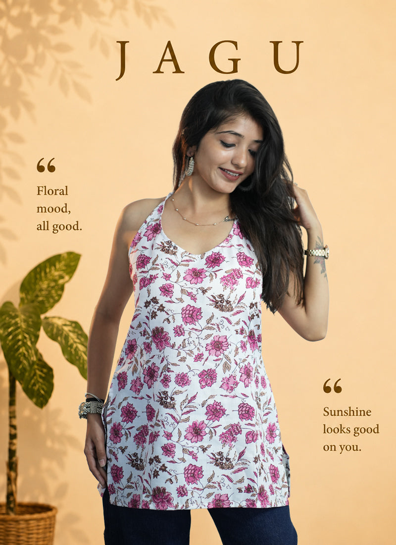 Off White Cotton Floral Print Sleeveless Kurti