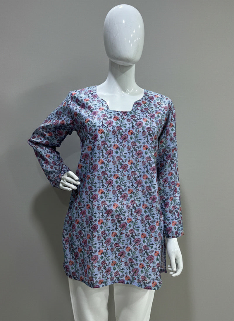 Dusty Blue Digital Printed Muslin Casual Short Kurti