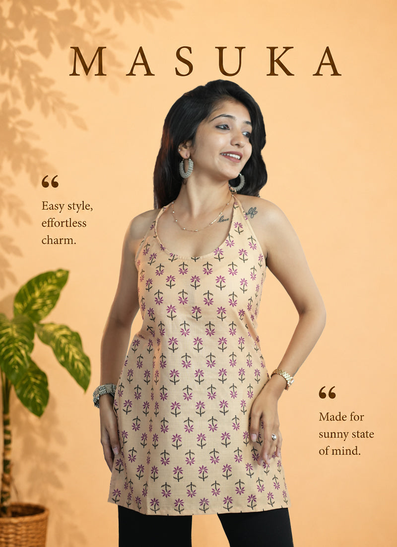 Peach Cotton Halter Neck Printed Kurti