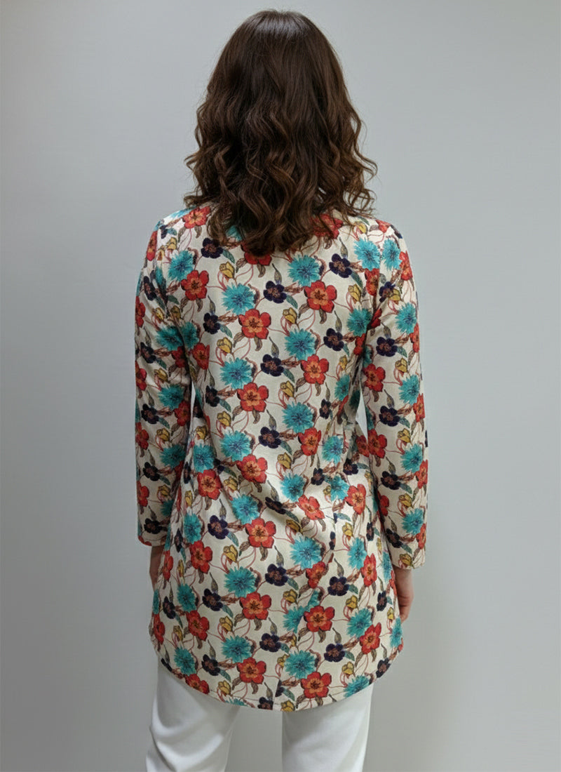 Off White Digital Printed Muslin Casual Short Kurti