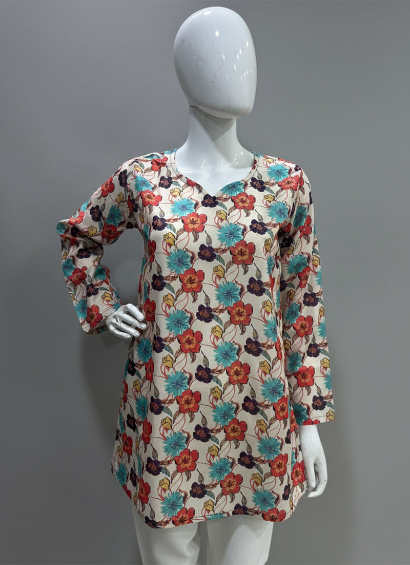 Off White Digital Printed Muslin Casual Short Kurti