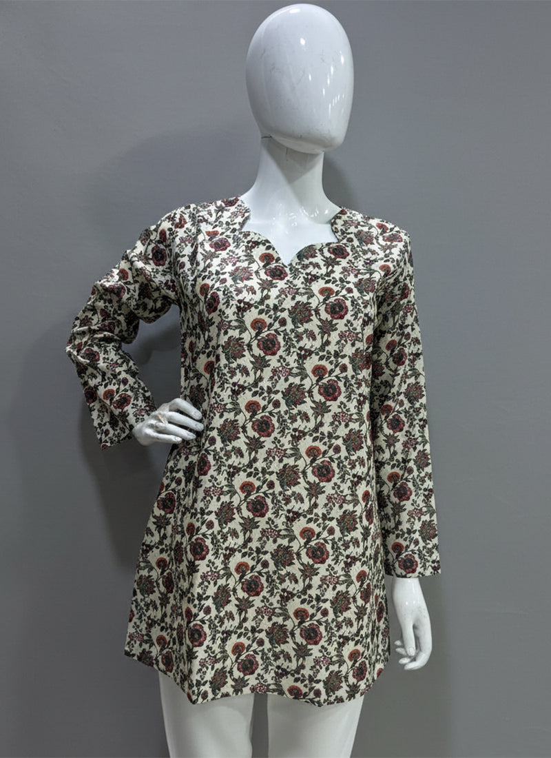 Cream Digital Printed Muslin Casual Short Kurti