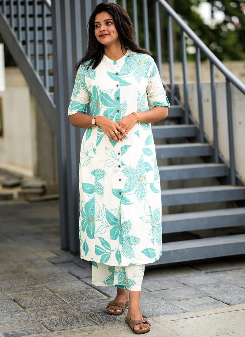 Green Floral printed rayon cord set