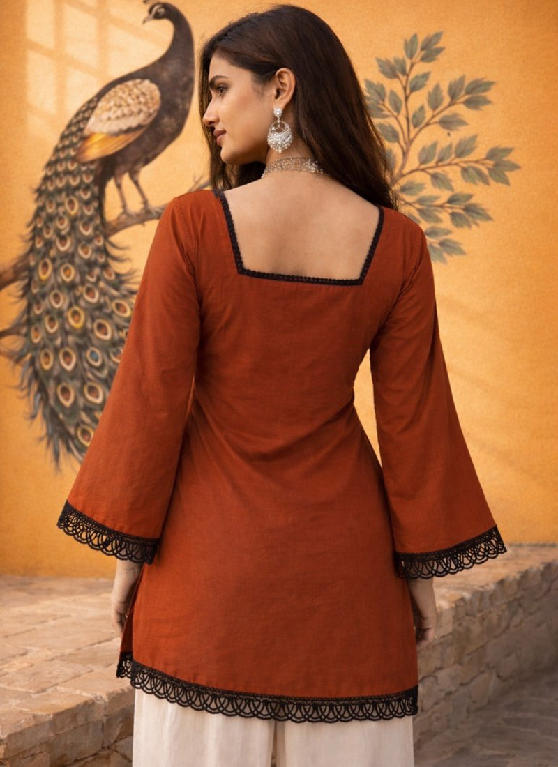 Rust Square Neck Roman Silk Kurti