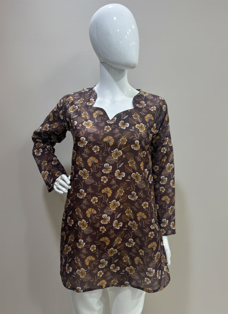 Dark Brown Digital Printed Muslin Casual Short Kurti
