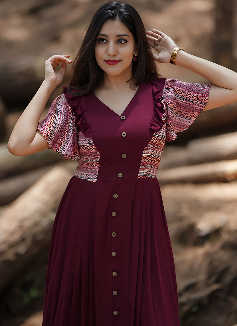 Maroon Rayon Printed Dress