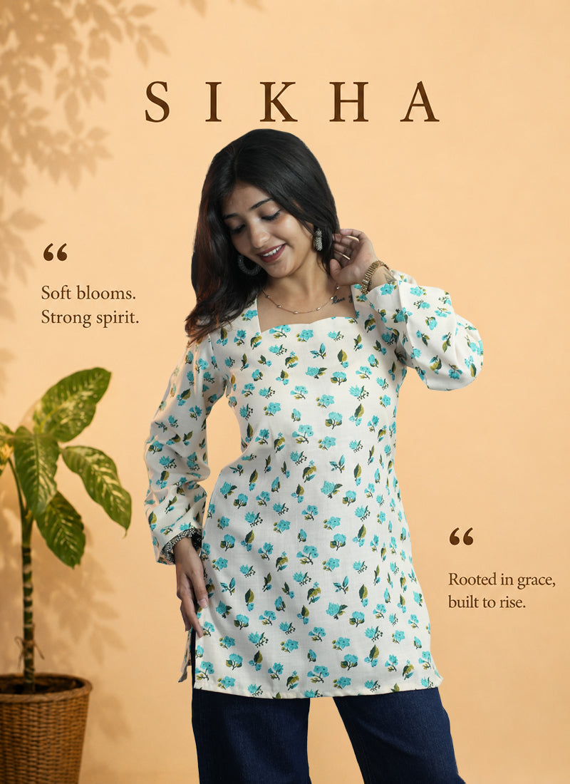 Off White Floral Digital Printed Cotton Kurti