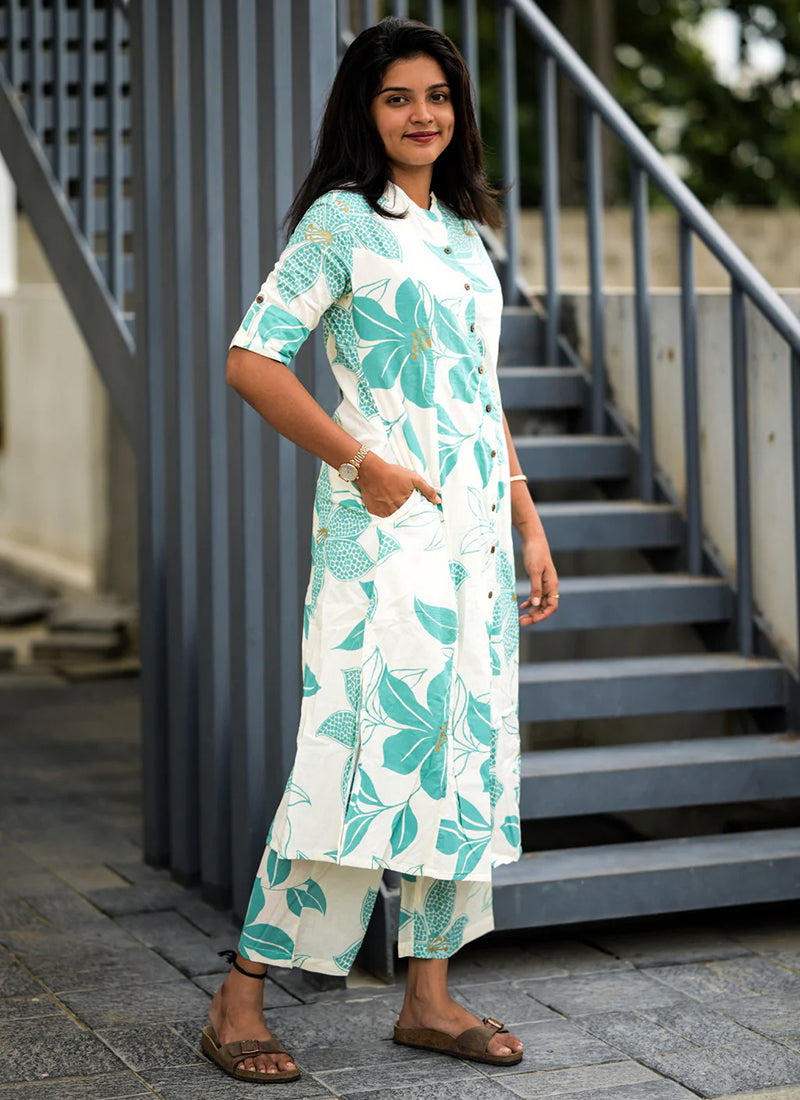 Green Floral printed rayon cord set