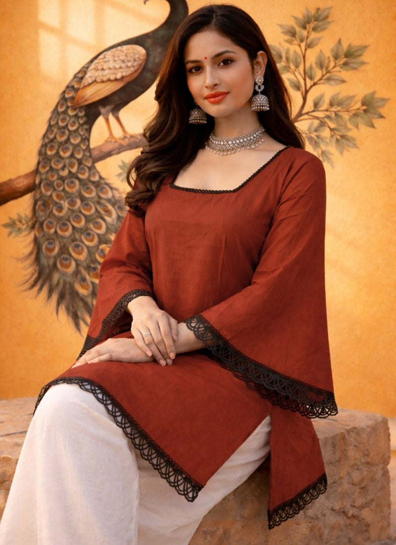 Rust Square Neck Roman Silk Kurti