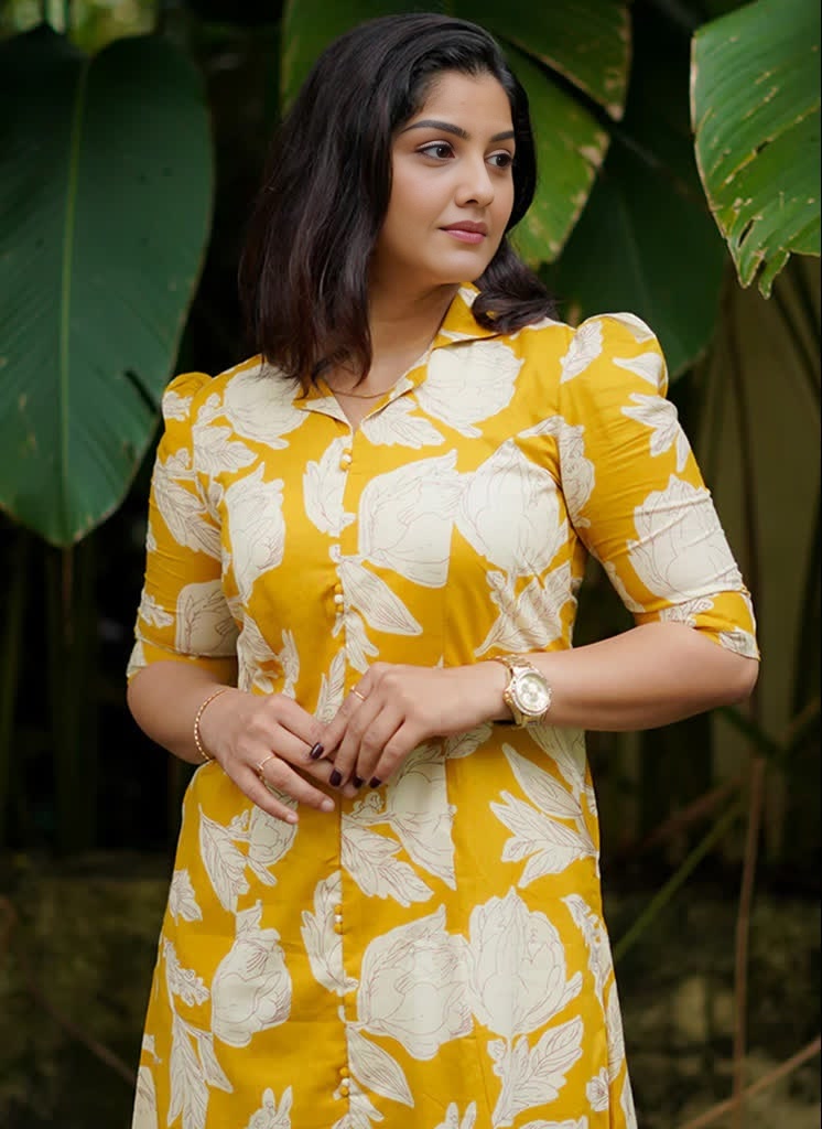 Yellow floral printed midi dress
