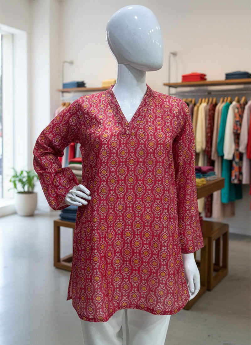 Brick Red Digital Printed Muslin Casual Short Kurti