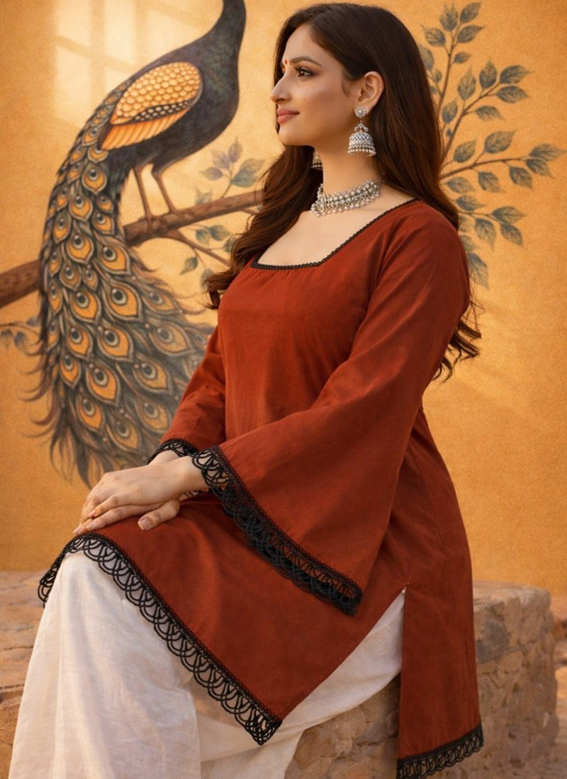 Rust Square Neck Roman Silk Kurti