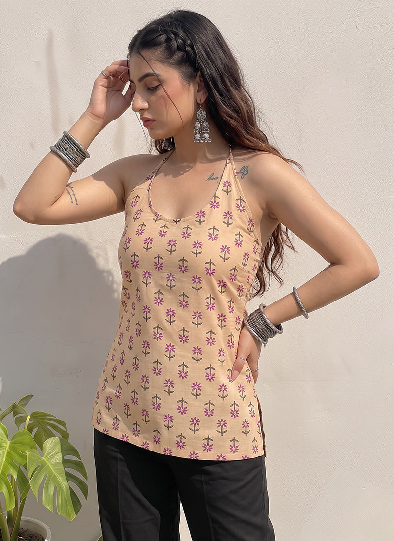 Peach Cotton Printed Sleeveless Kurti