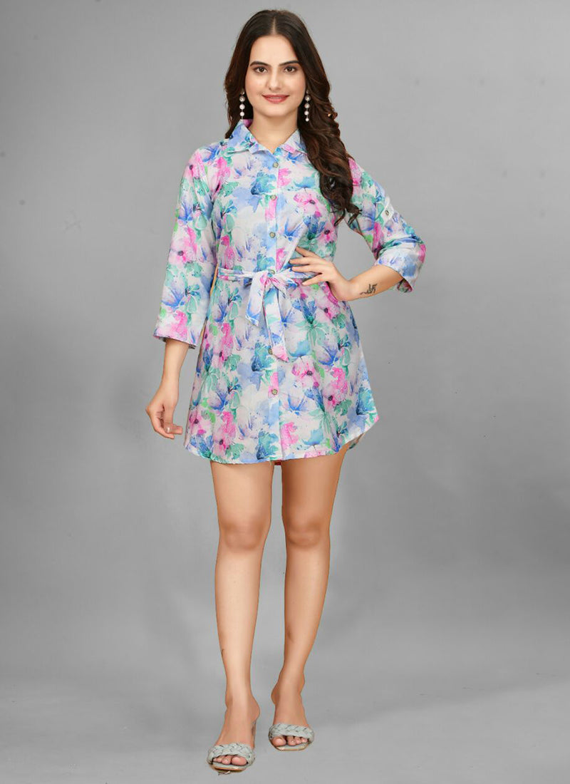 Multicolor Floral Printed Rayon Mini Dress