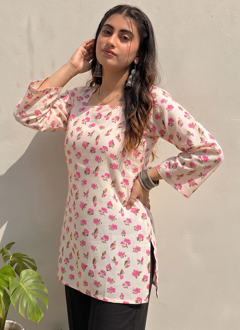 Off White Floral Printed Cotton Officewear Kurti