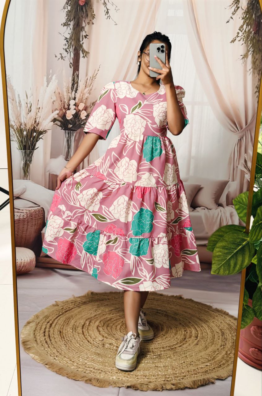 Candy Pink Cotton Floral Print Casual Midi Dress