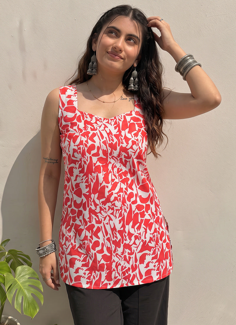 Red And White Printed Cotton Sleeveless Kurti
