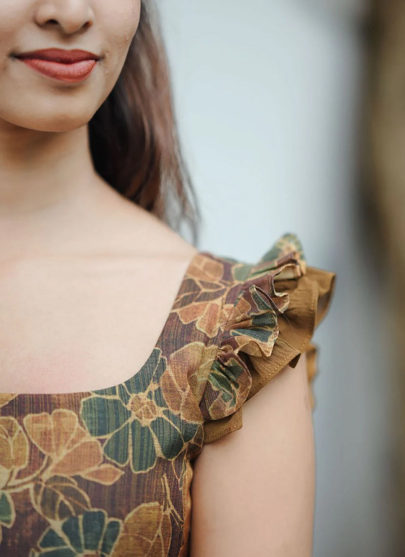 Floral Printed Brown Rayon Tiered Midi Dress