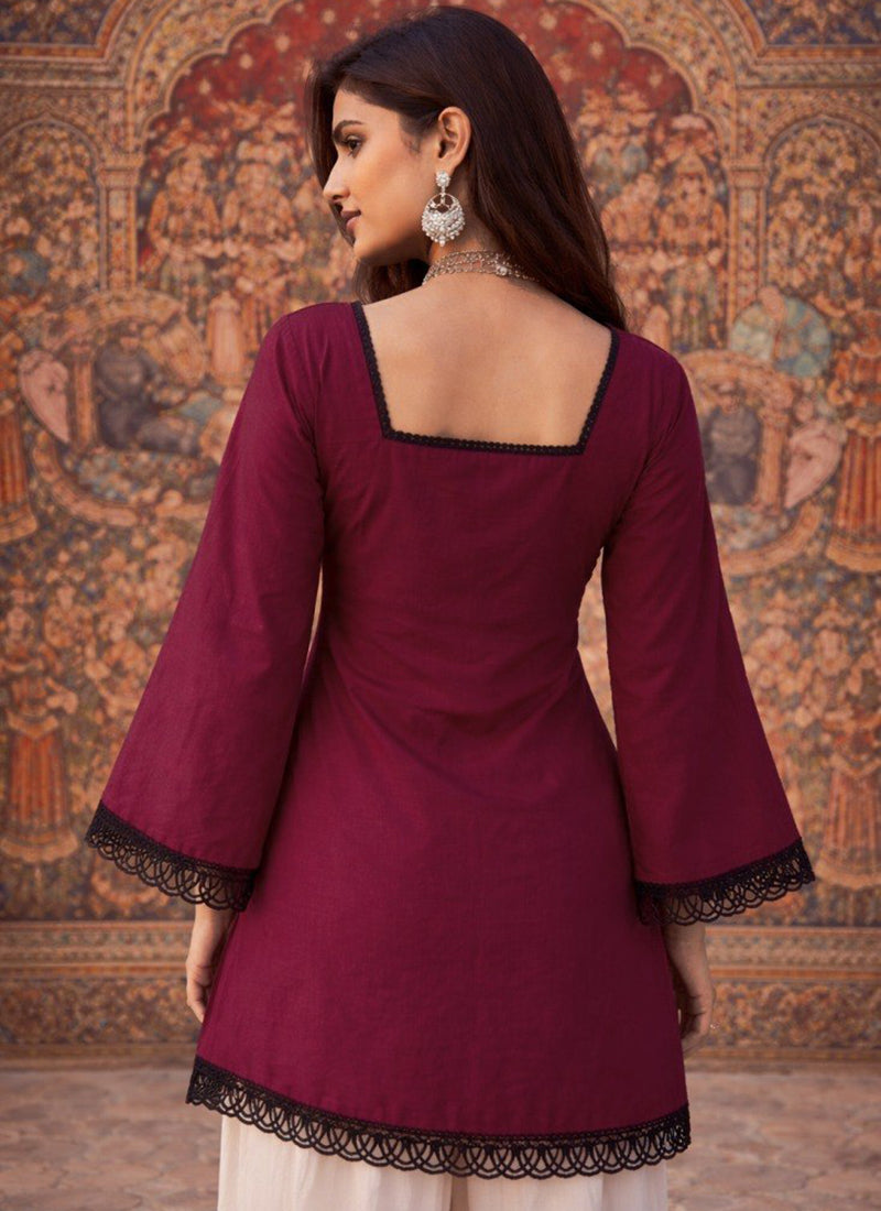 Wine Square Neck Roman Silk Kurti
